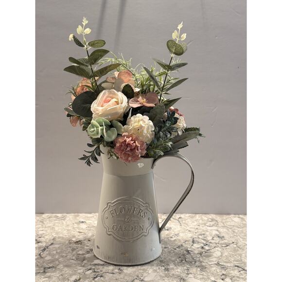 Floral Arrangement in Metal Pitcher - Farmhouse Rustic Home Decor - Picture 1 of 5